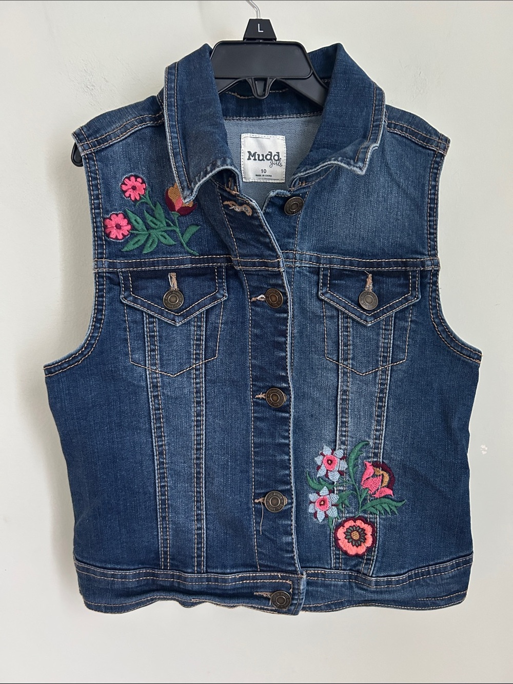 Mudd Dark Wash Denim Vest with Floral Embroidery
